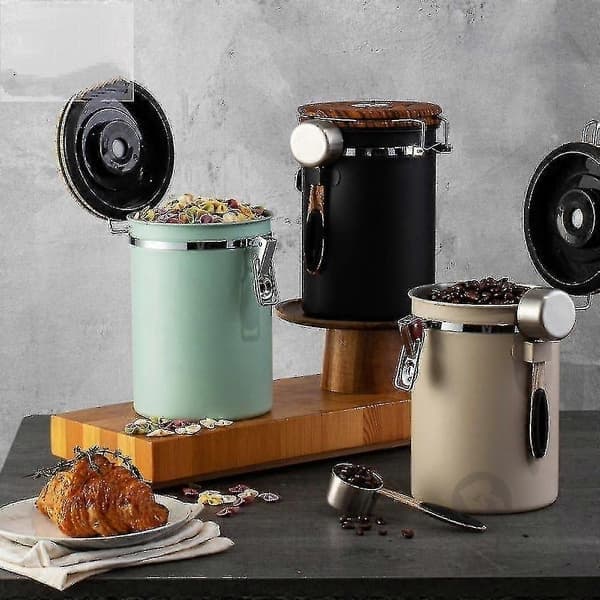 Kaffedåse, lufttæt kaffebeholder i rustfrit stål til køkken, fødevareopbevaring med ske, datatracker og CO2-ventil til bønner