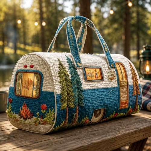 Sød hvalp quiltet duffel håndtaske, blomstret patchwork rejsetaske til camping, picnic, korte ture daglig opbevaring Camper Pine Tree 2