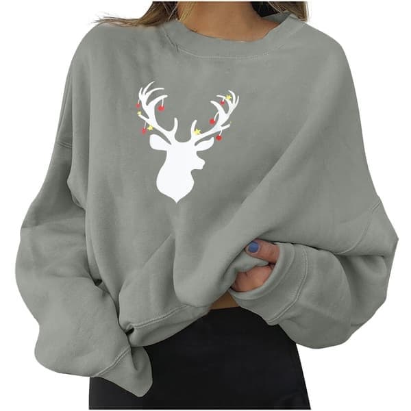 Dame Casual Juleelg Print Pullover Langærmet Sweatshirt V, Grå, Størrelse 3XL Grey 3XL