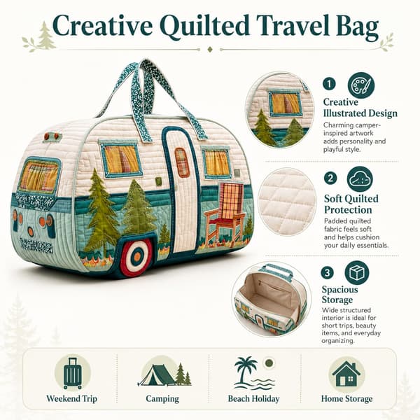 Sød hvalp quiltet duffel håndtaske, blomstret patchwork rejsetaske til camping, picnic, korte ture daglig opbevaring Camper Pine Tree 1