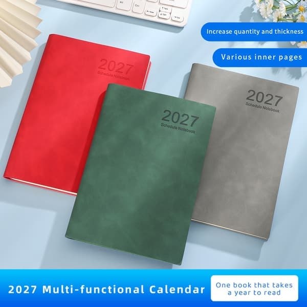2027 Planlægger (Engelsk version), kalender, notesbog, optager til arbejdseffektivitet, elastikbånd og grøn projektnotesbog