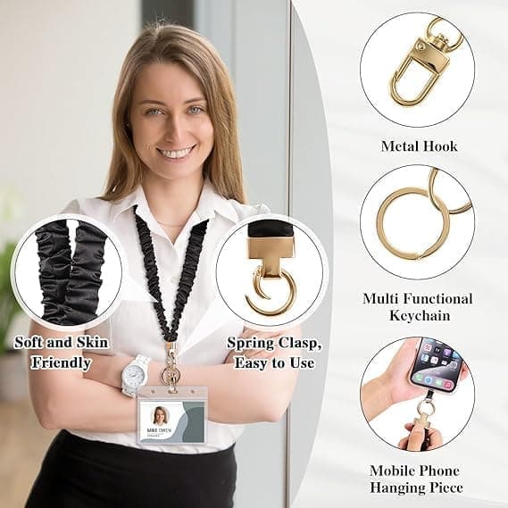 Scrunchie Nøglering til ID-kort Udtrækkelig Elastisk Hårbånd Nøglering med Gennemsigtig ID-holder Sød Mode Lanyard til Kvinder Sort Sort Black