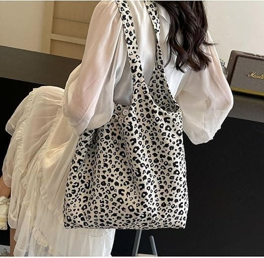 Skuldertasker med oversized leopardmønster til kvinder, deformerbare lærreds-indkøbstasker med stor kapacitet, hvid White
