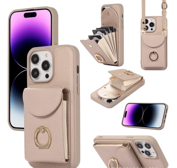 Et telefoncover til iPhone 17 Pro med pungfunktion, ringholder og RFID-kortplads. Passer til den beige iPhone 17 Pro