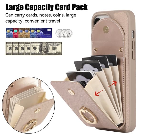 Et telefoncover til iPhone 17 Pro med pungfunktion, ringholder og RFID-kortplads. Passer til den beige iPhone 17 Pro