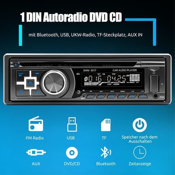 Autoradio CD DVD -soittimella MP3 USB Bluetooth FM AUX-tulolla Radio Single 1 DIN