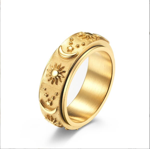 Stjerne og måne spinner-ring i rustfritt stål for kvinner - Sølvfarget stjerne og måne-etset spinner størrelse 12 Silver Star Moon Etched Spinner 12