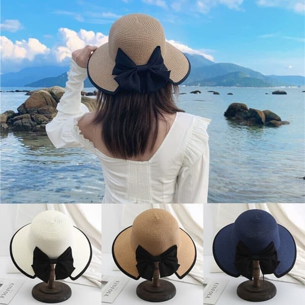 Floppy strandhat i strå til kvinder, sommer solhat med bred skygge, foldbar, hvid white