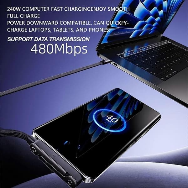 Sideveis telefonlader med sammenleggbart stativ, 240W USB-C hurtigladekabel for iPhone 17-15, Android, spilling, reise