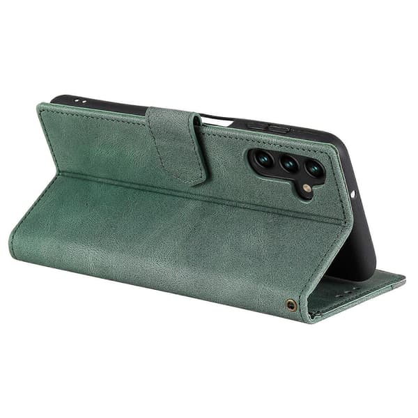 Samsung Galaxy A17 5G Läderplånboksfodral med skarvsömmar och handledsrem Green
