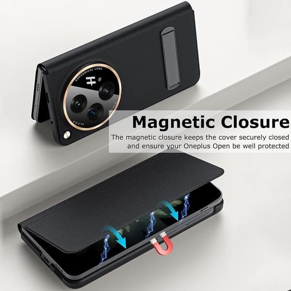 Til OnePlus Open etui med stativ, Premium klassisk PU-læder til OnePlus Open flipcover, magnetisk lukning og kamerabeskyttelse, sort-2