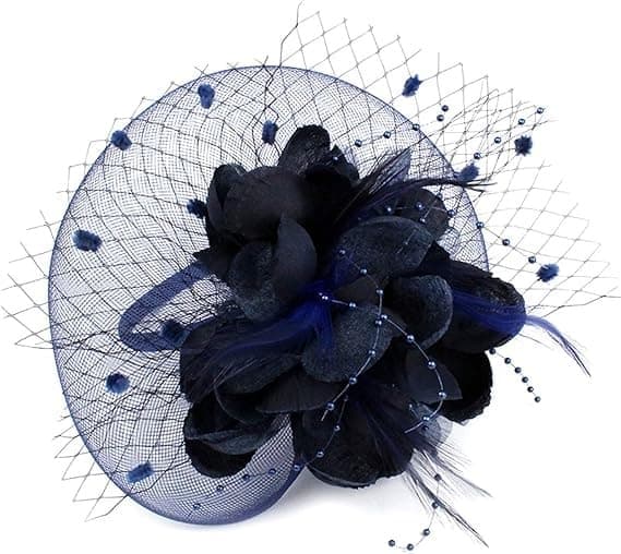 Fascinator Pillbox-hat til damer, blomster-bowlerhat med fjer til bryllup og cocktail, hårklemme, fest-hårtilbehør, blå