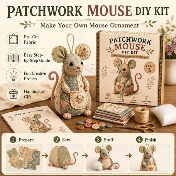 Patchwork Mus DIY-sæt Håndlavet sytilbehørssæt Sød musepynt DIY-sæt med blomstret stof fyld knapper til voksne begyndere