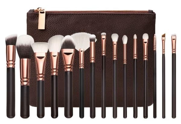 15 stk. professionelle makeupbørster med stilfuld opbevaring, brun