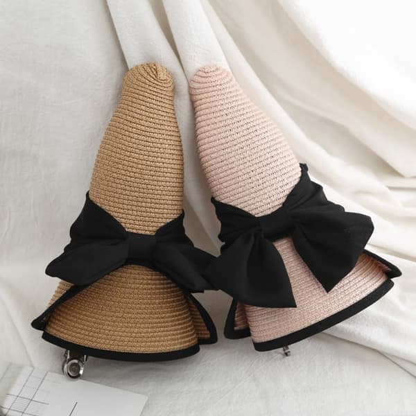 Floppy strandhat i strå til kvinder, sommer solhat med bred skygge, foldbar, sort black