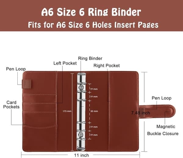 A6 Ringbind 6-rings Genopfyldelig Notesbog Budgetplanlægger til A6 Papir PU Læder Løsblad Personlig Planlægger Tegnebog Organizer Ringbind