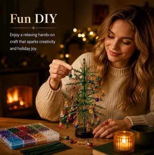 Mini bord-DIY Perle Juletræ Håndværkssæt med Lys, Snedækket Vintertræ Snowy winter tree