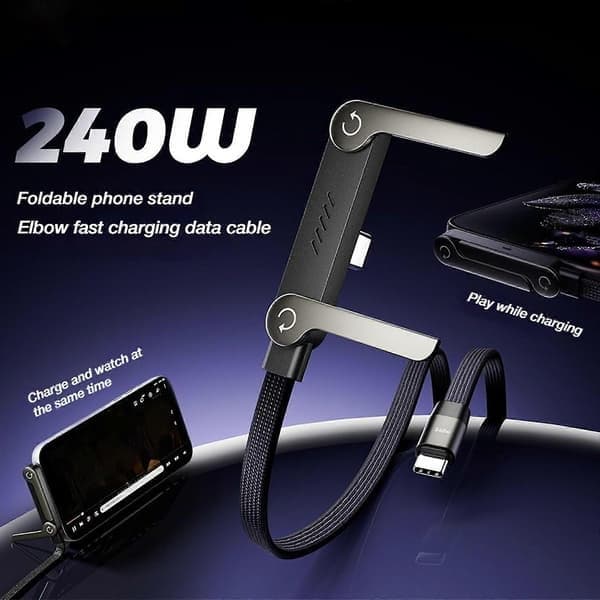 Sideveis telefonlader med sammenleggbart stativ, 240W USB-C hurtigladekabel for iPhone 17-15, Android, spilling, reise