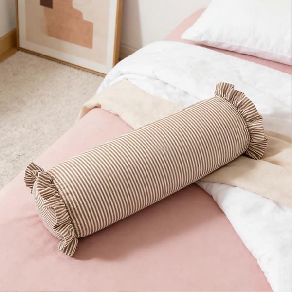 8\" X 20\" Stribet pyntepude med flæser, lang cylinderformet pyntepude til seng, sofa, rustik boho-indretning, lyserød, størrelse One Size Pink One Size
