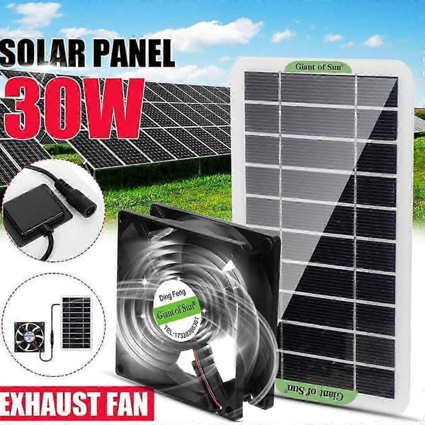 12V 30W Solcelledrevet Ventilator for Loft, Drivhus, Bobil, Båt