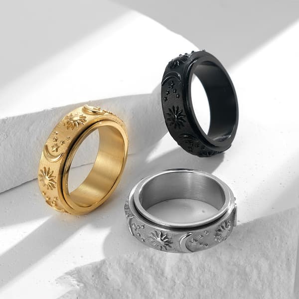Stjerne og måne spinner-ring i rustfritt stål for kvinner - Sølvfarget stjerne og måne-etset spinner størrelse 12 Silver Star Moon Etched Spinner 12