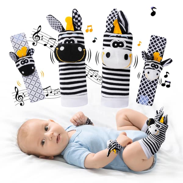 Högkontrast babyleksaker 0-12 månader, skallrande strumpor och handledsskallror set Black white Donkey