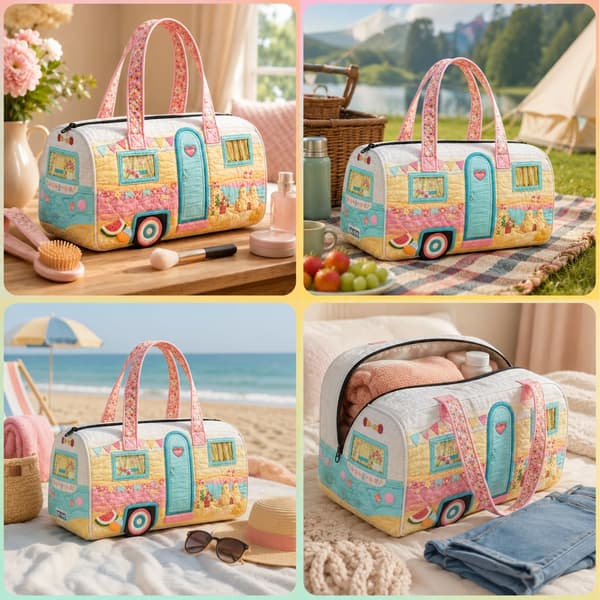 Sød hvalp quiltet duffel håndtaske, blomstret patchwork rejsetaske til camping, picnic, korte ture daglig opbevaring Summer Camper Car