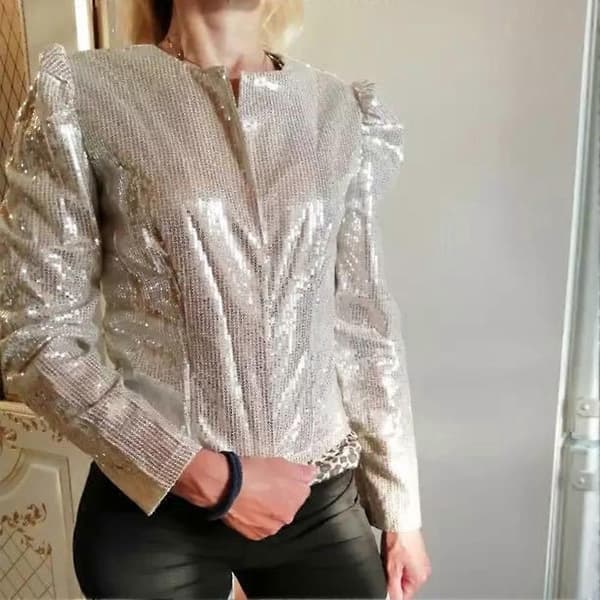 Dam Paljettjacka Öppen Front Casual Långärmad Kofta Kraglös Glitter Kort Jacka, Silver, Storlek L Silver L