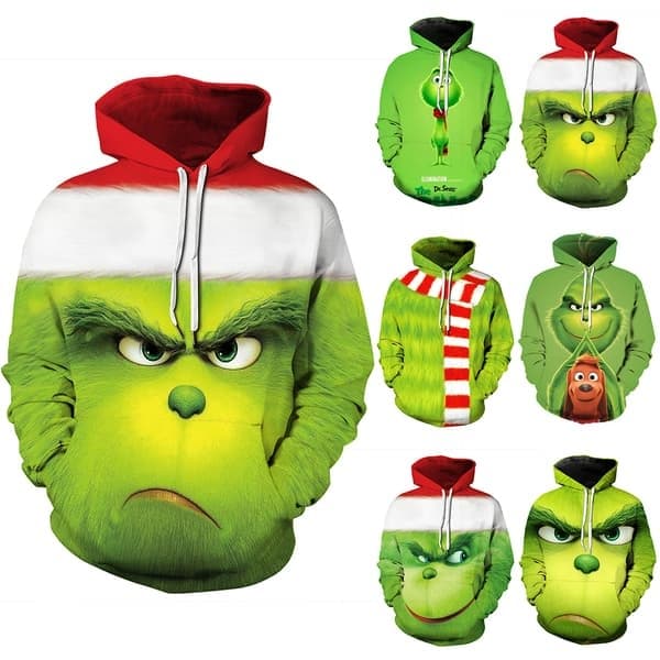 Unisex Jule Grinchs Pullover Hettegenser Nyhet Genser Gave, E, Størrelse 3XL E 3XL