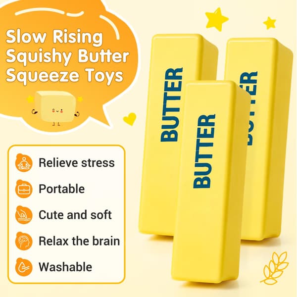 3-pack smörsquishy långsamt stigande klämleksaker, sensoriska fidgetleksaker Butter Stick-3p-yellow