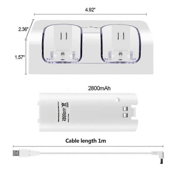 2 stk 2800mAh oppladbare batterier og Wii batteriladestasjon for Wii Remote Switch tilbehør