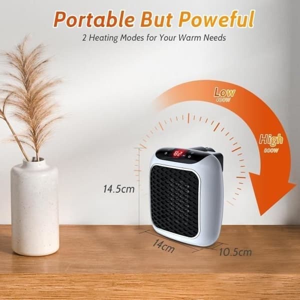 Mini Smart Väggmonterad Elvärmare, 800W, Bärbar, med Justerbar Termostat och Timer, LED-Display