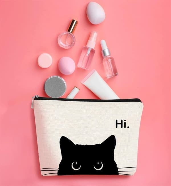 Makeuptaske med kattetema, sød makeuptaske, rejsetoilettaske (sort) Sort