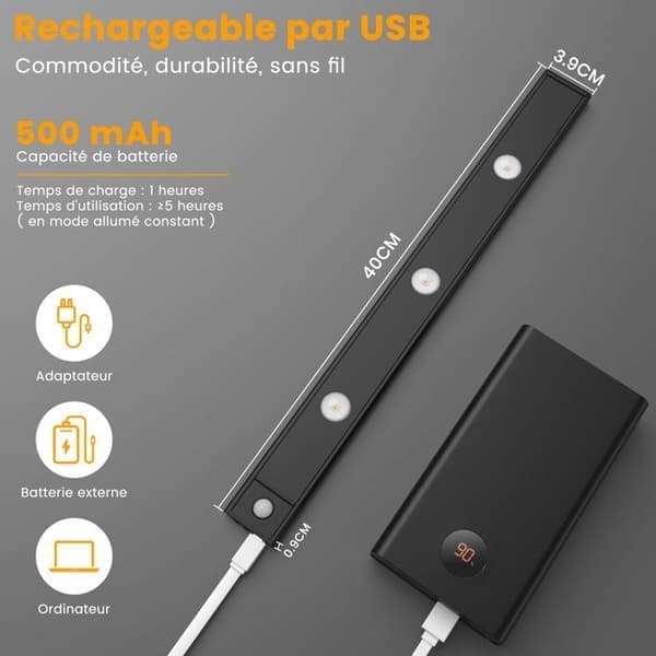 Möbelbelysning, 40 cm, Rörelsesensor, USB-laddning, Indirekt belysning, Ultratunn [Trefärgsvariation]