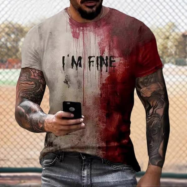 Halloween T-shirt med blodfläckar, kortärmad, rund hals, herr, vardaglig topp, Scary Problem Solved I Am Fine, S
