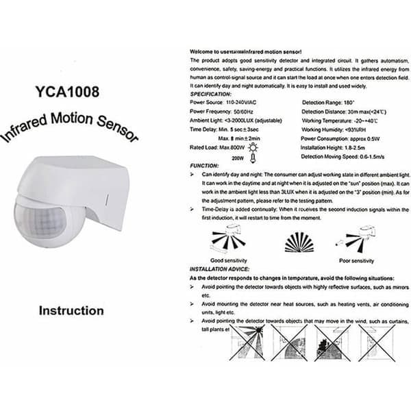 Infraröd rörelsedetektor med 30m räckvidd, 180° rotation, utomhusmontering, energibesparande