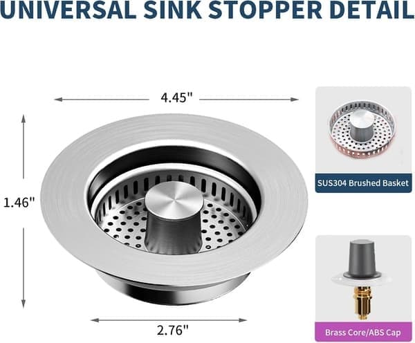 3-i-1 vaskesien og prop i 304 rustfrit stål, pop-up vaskeprop, anti-tilstopningssi til standard 3-1/2” køkkenvask