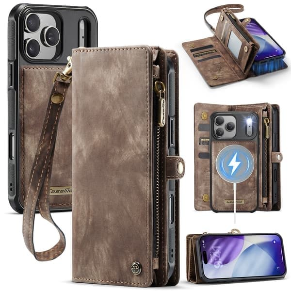 Wallet-telefonetui til iPhone 17 Pro, magnetisk, kortholder, lynlåslomme, lyserød Pink iPhone17Pro
