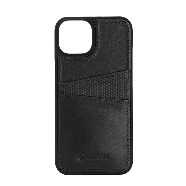 Premium iPhone 14 Plus Leather Card Cover - SWEDISH DESIGN - REAL LEATHER Svart