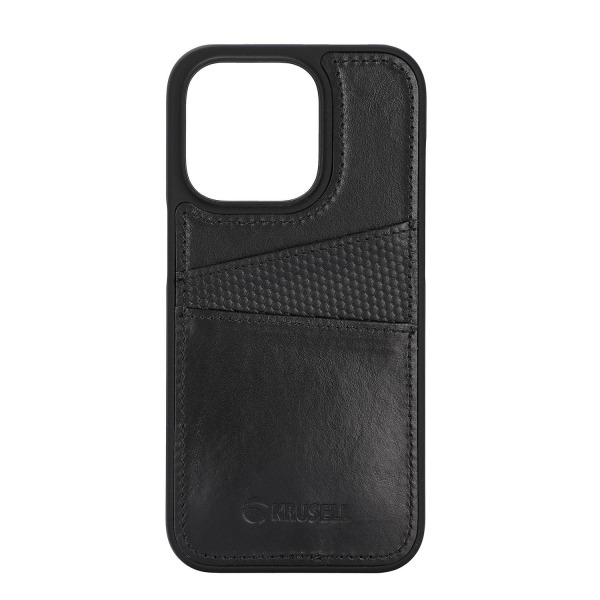 Premium iPhone 14 Pro Leather Card Cover / Black - SWEDISH DESIGN - REAL LEATHER Svart