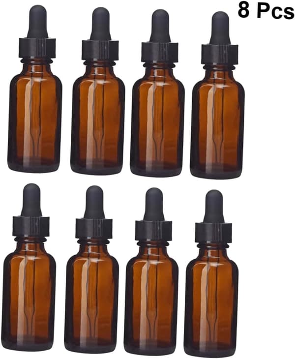 8 st 30 ml bruna eteriska oljeflaskor i glas med svarta dropplock små parfymflaskor