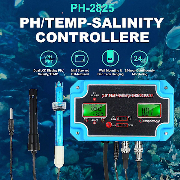 230V 3-i-1 pH/Salthalt/Temperatur Vattenkvalitetsdetektor