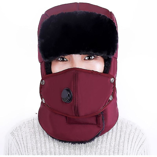 Mænd Trapper Hat Russisk Fuld Ansigt Øreklapper Aviator Skihue Deep Red
