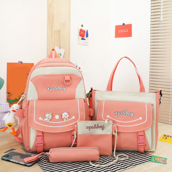 4-pack Cartoon Nylon Skolväska Reseväska Axelväska Pennfodral Pink