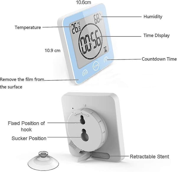 Badeværelsesur, vandtæt berøringsstyring, lcd, hygrometer termometer, nedtællingstimer, batteri (blå)