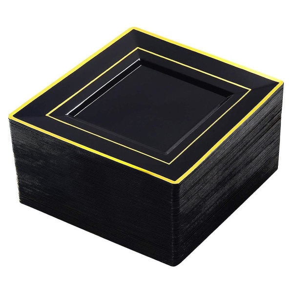 Musta neliö muovilautaset Kultareunus kertakäyttöinen kakku