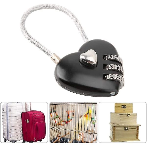 Sinklegering hjerteformet bagasjekombinasjonslås kombinasjon hengelås Ryggsekk Bærbar bagasje (svart) (1 stk)