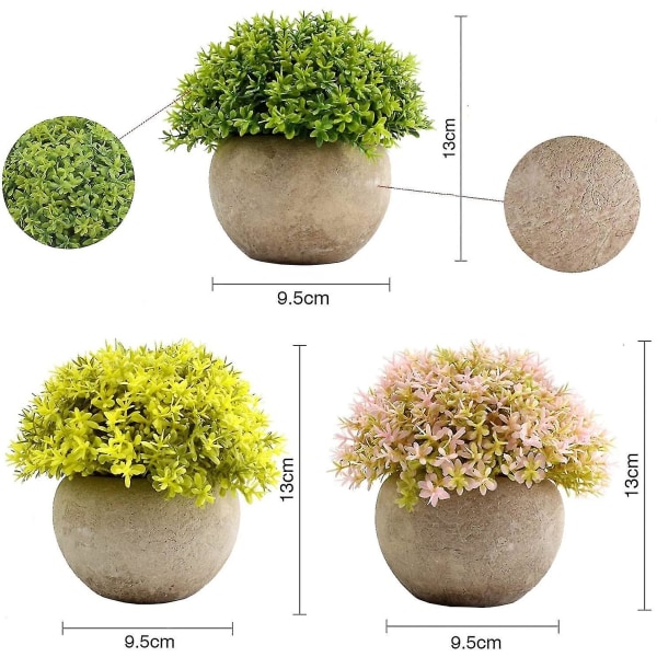 3 stk. Kunstige Dekorative Planter Pottede Små Blomster