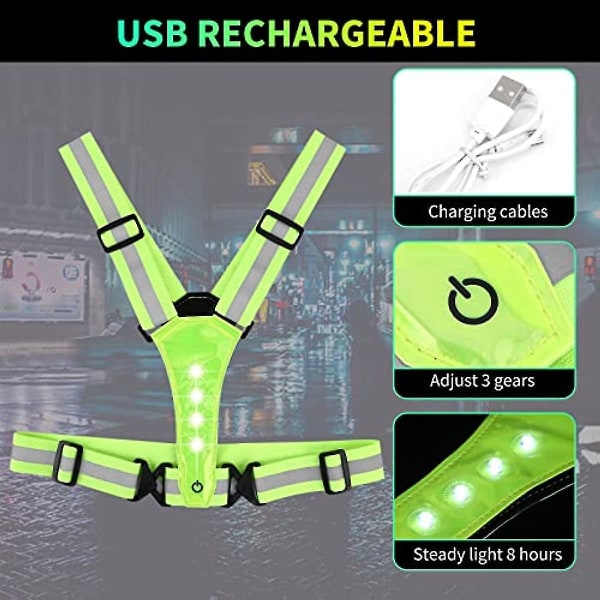 Høj Synlighed Reflekssikkerhedsvest USB Genopladelig LED Lys Vest Refleks Løbeudstyr