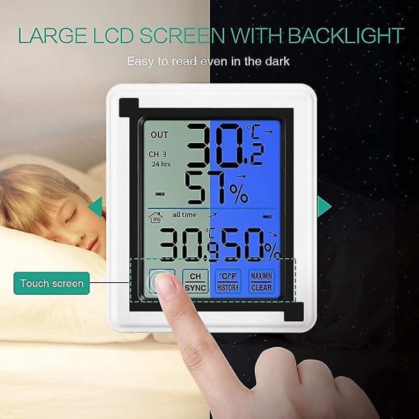 Inomhus- och utomhustermometer, termohygrometer med 3 utomhussensorer, present